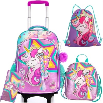 Conjunto de mochilas e estojo com design de unicórnio colorido e detalhes em rosa e roxo
