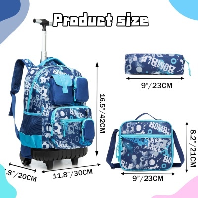 Conjunto azul de mochila com rodinhas, estojo e lancheira com padrão grafitado em branco e azul