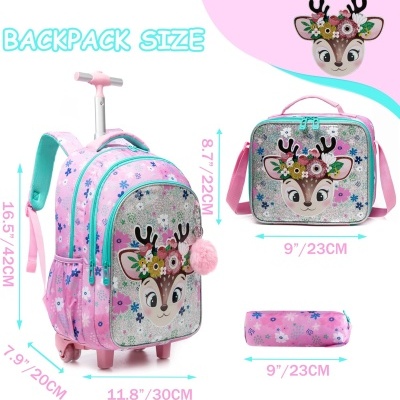 Mochila com rodas, lancheira e estojo com estampa de veado e glitter