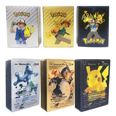 Caixas e baralhos de cartas Pokémon com personagens e cartas brilhantes