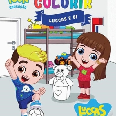 Capa do livro de colorir O LIVRO DE COLORIR LUCCAS E GI com personagens animados num quarto