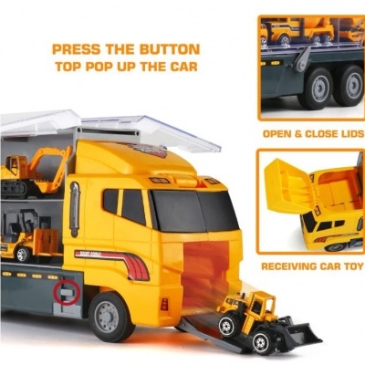 Camião de transporte amarelo e cinzento com rampa e carroças pequenas, texto instrutivo em inglês.