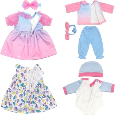 Conjuntos de roupa para bebé em várias cores e padrões com acessórios