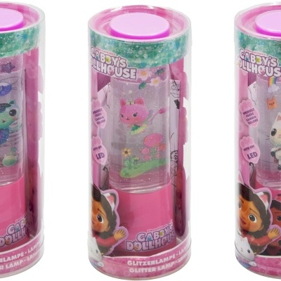 Três lanternas rosa para crianças com desenhos de animais em embalagem cilíndrica com glitter.