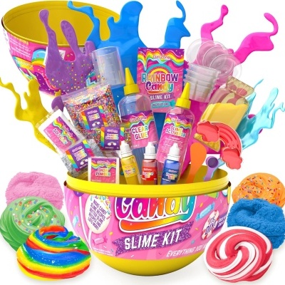 Kit Slime Rainbow Candy com frascos, glitter e acessórios em recipiente amarelo e rosa.