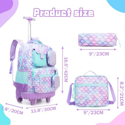 Conjunto mochila de rodas, mala e estojo padrão escamas lilás e azul