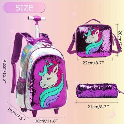 Conjunto mochila com rodas, bolsa térmica e estojo com padrão de unicórnio em lantejoulas