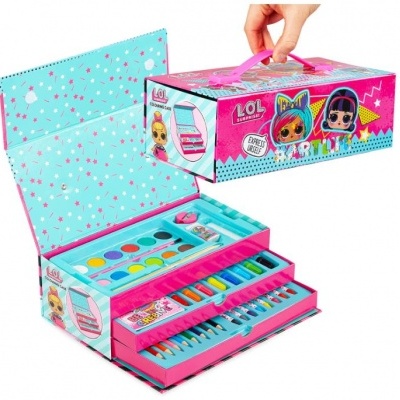 Kit de pintura e desenho LOL com caixa decorada em rosa, azul e branca