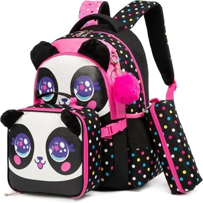 Mochila infantil de panda rosa e preta com estojo e alça em bolinhas coloridas
