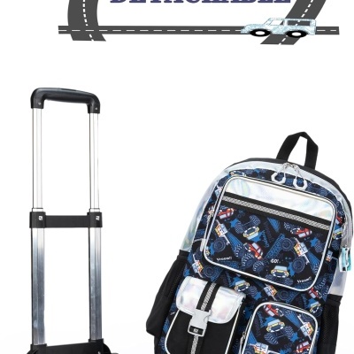 Mochila azul com padrão de carrinhos e carrinho de transporte destacável