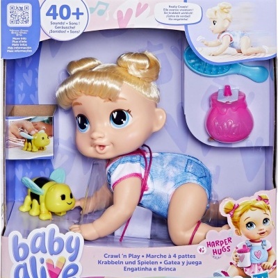 Boneca Baby Alive Harper Hugs com brinquedo animal amarelo e acessório rosa em caixa