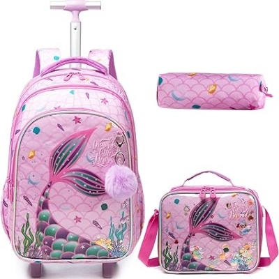 Mochila de carrinho e lancheira cor-de-rosa com estampa de sereia e pompom