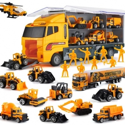 Conjunto de brinquedos de construção com vários veículos amarelos e figuras humanas