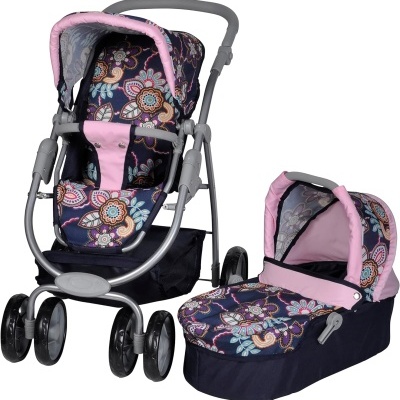 Carrinho de bebé dobrável com tecido floral colorido e detalhes rosa