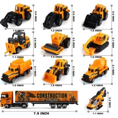 Miniaturas de veículos de construção amarelos e pretos com medidas em polegadas.