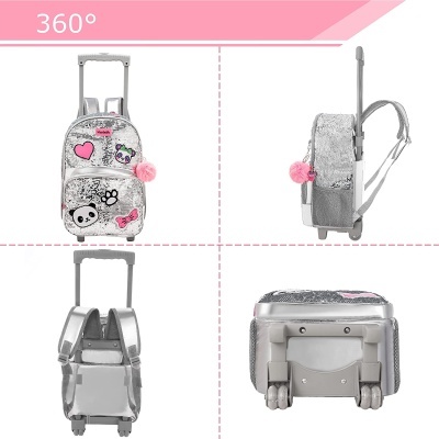 Mala de carrinho prateada com aplicações decorativas e pompom cor-de-rosa