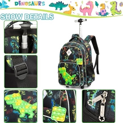 Mochila infantil preta com padrão de dinossauros e acessórios pop-it