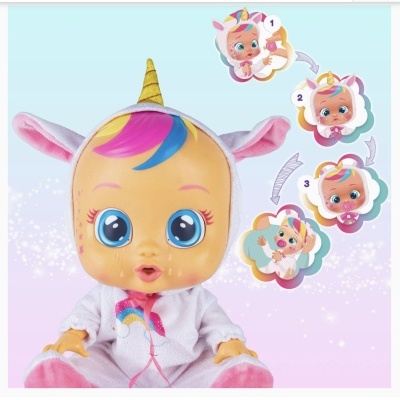 Boneca unicórnio com fato branco e detalhes cor-de-rosa e dourado