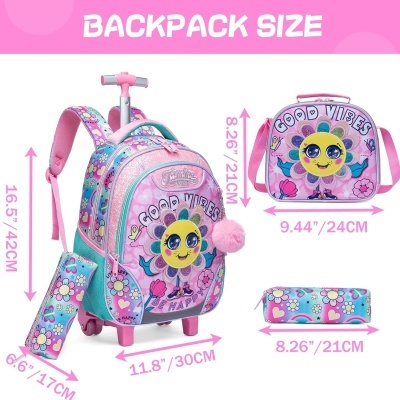 mochila de rodas, estojo e saco térmico coloridos com padrão de flores e girassol sorridente, com texto GOOD VIBES