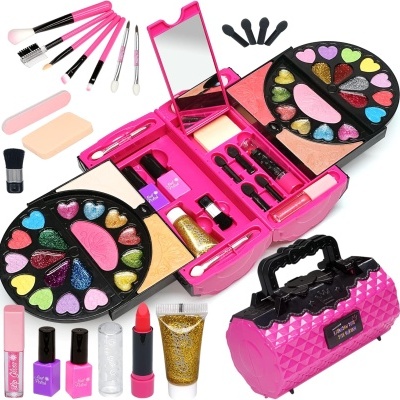 Kit de maquilhagem rosa com espelho e múltiplos acessórios coloridos