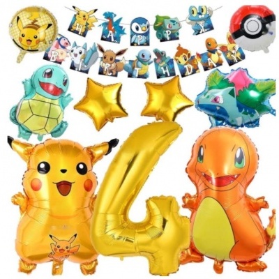Balões de festa Pokémon com personagens e texto HAPPY BIRTHDAY