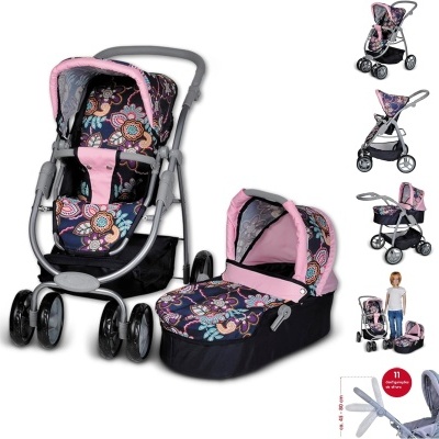 Carrinho de bebé rosa e preto com padrão floral e alcofa destacável