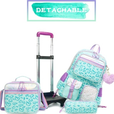 Conjunto de mochila, estojo, mala com rodas e bolsa transversal azul e lilás com padrão de corações e leopardo