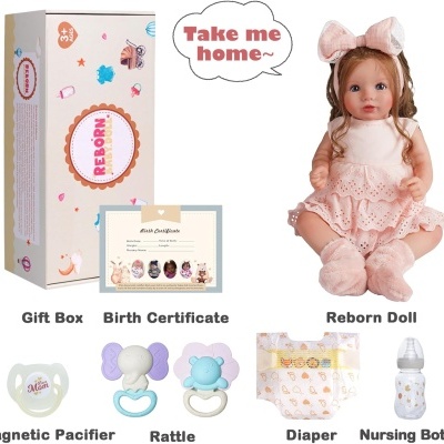 Conjunto completo para bebé REBORN incluindo boneca, caixa, chupeta, chocalho, fralda e mamadeira