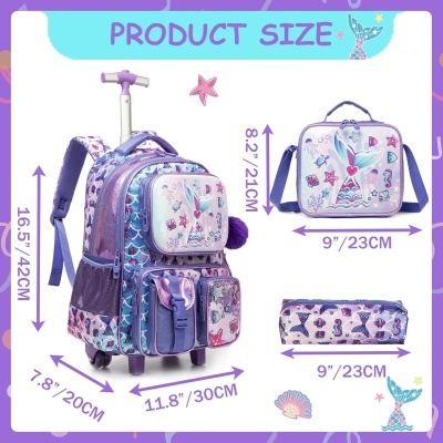 Mochila com carrinho, estojo e lancheira com padrão de sereia em azul e roxo