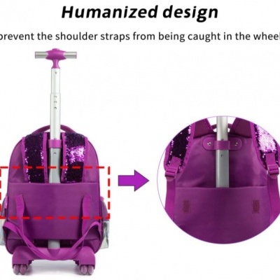 Mala de rodas roxa com alça telescópica mostrando design para evitar que alças fiquem presas nas rodas