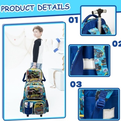 Mochila escolar azul com carrinhos e texto, com rodas e pega telescópica