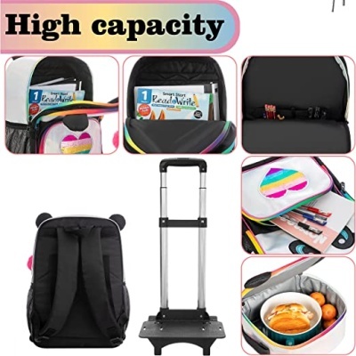 mochila colorida com coração arco-íris e carrinho metálico para transporte