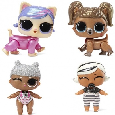 Quatro bonecos LOL Surprise com características distintas em várias cores.