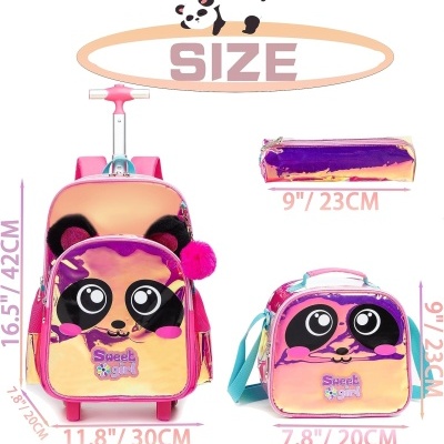 Conjunto mochila, estojo e lancheira infantil rosa com design de panda e texto Sweet Girl