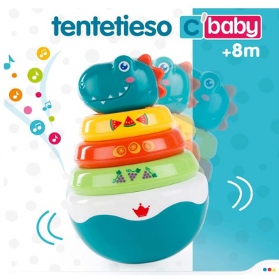 Brinquedo tentetieso dinossauro azul com anéis coloridos e base branca, embalagem com texto