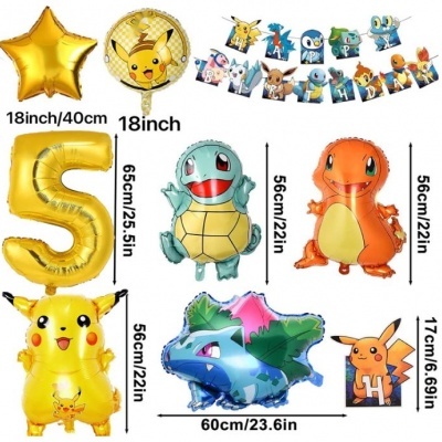 Balões metálicos de personagens Pokémon e número 5 para festa.