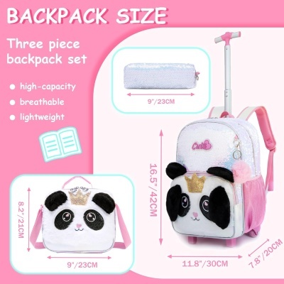 Conjunto de mochila infantil com tema de panda, em branco, preto, rosa e dourado, com mochila de carrinho, mochila comum e estojo.