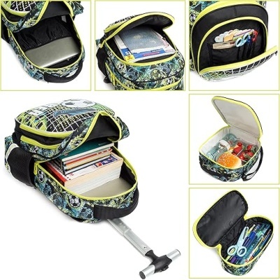 Mochila escolar colorida com livros e material dentro