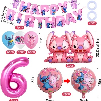 Decoração de aniversário com balões rosa e azul do Stitch e número 6.
