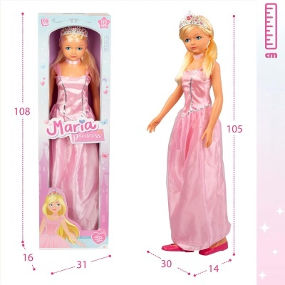 Boneca Maria Princesa com vestido rosa e tiara em caixa com medidas em cm