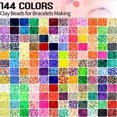 144 cores de contas de argila para pulseiras organizadas em quadrados coloridos