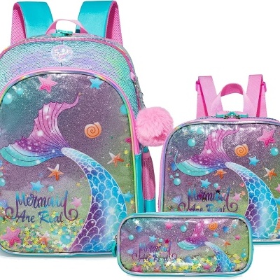 Conjunto de mochila, saco e estojo de sereia coloridos com glitter e pompom rosa