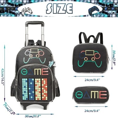 mochila preta com rodas padrão colorido GAME e acessórios