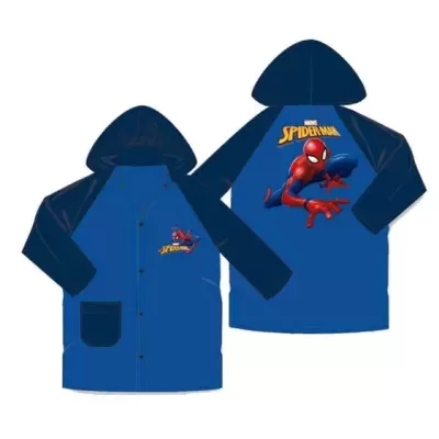 Casaco azul impermeável com capuz e estampas do Homem-Aranha