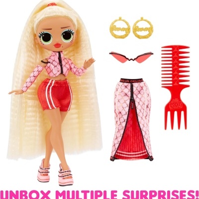 Boneca com acessórios incluindo saia, brincos, óculos e pente vermelho