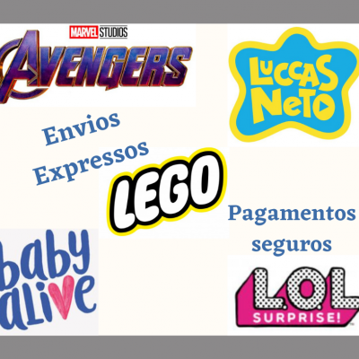 Logótipos coloridos de MARVEL STUDIOS AVENGERS, Luccas Neto, baby alive, LEGO e LOL SURPRISE! com textos 'Envios Expressos' e 'Pagamentos seguros'.
