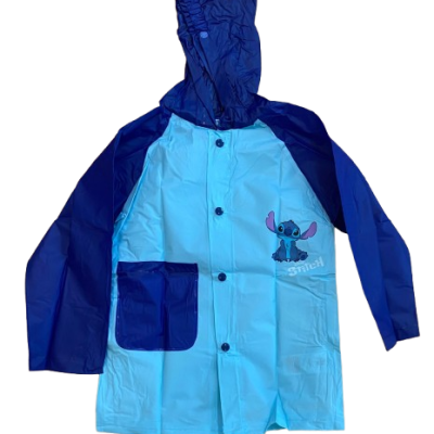 Casaco impermeável infantil azul com capuz e estampagem Stitch