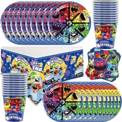 Conjunto de festa de aniversário com decoração de personagens e texto HAPPY BIRTHDAY