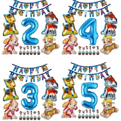 Conjuntos de decoração de aniversário com balões de números azuis, personagens Paw Patrol e cupcakes