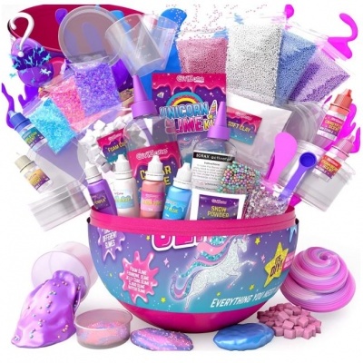 Kit de Slime com frascos, pacotes de esferas coloridas e bolsa com unicórnio lilás